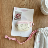 Chic Lovely Line Kitten Cat Bowknot Light Pink Earphone Case with Pink Ring Cover for AirPods 1 2 3 4 Pro Pro2
