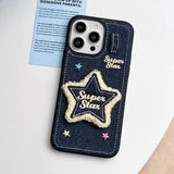 Embroidery Stars Jean Cloth Denim Case For iPhone 12 13 14 15 Pro Max 11 Phone Case with Star Pendant Keychain Soft Back Cover
