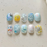 10pcs Short Square Handmade False Nails Tips Fantasy Glitter Cat's Eye Blue Press on Nails Sets Seashell Design Fake Nail Art
