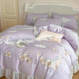 Rose Flowers Embroidery Lace Ruffles Bedding Set Lyocell Cotton Soft Silky Cooling Duvet Cover Flat/Fitted Bed Sheet Pillowcases