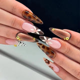 24pcs Long Almond False Nails Black French Ballerina Press on Nails Y2k Flower Bow with Leopard Print Full Cover Fake Nail Tips