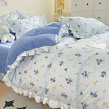 Princess Style Lace Ruffles Bedding Set Purple Tulips Duvet Cover and Flat Sheet Pillowcases Girls Romantic Floral Home Textiles