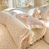 Korean Princess Style Floral Prints Ruffles Bedding Set Double Layer Yarn 100% Cotton Duvet Cover Pillowcases Bed Sheet 4Pcs