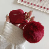 Korea Lovely Wine Red Soft Plush Fluffy Sphere For AirPods 1/2/3 Pro 2 Silicone Protective Case Suitable Ladies For AirPods 4
