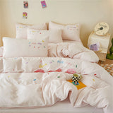 Pink Bedding Sets Solid Color Washed Cotton Home Girls Bedroom Decor Duvet Cover Pillowcase Bedspread Embroidery Four Piece Set