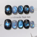 10pcs Short Ballet Handmade False Nails Blue Cat's Eye Fake Nail Tips with Glitter Flower Design Press on Nails Black Manicure