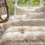 Rose Embroidery Bedding Set Silky Luxury Bedsheets Set Pillowcase Duvet Cover Bedclothes Skin-friendly Bed Linen Home Textiles