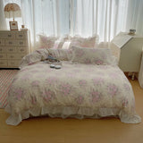 100% Cotton Korean Princess Style Rose Floral Lace Ruffles Bedding Set Duvet Cover Set Flat/Fitted Bed Sheet Pillowcases 4Pcs