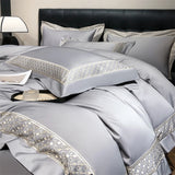 600TC Egyptian Cotton Light Champagne Color Luxury Embroidery Bedding Set Duvet Cover Set Flat/Fitted Bed Sheet Pillowcases 4Pcs