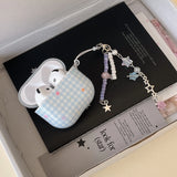Blue Plaid Star + Lanyard Earphone Case Suitable for Apple for Airpodspro2 Case/For Airpodspro Case/For Airpods4 Case/For Airpods3 Case/For Airpods2 Case/Fashionable Women's Earphone Case/Simple Earphone Case