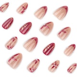 Medium Almond Press On Nails Rose Gold Cat Eye Fake Nails with 3D Flower Leaf False Nails Pearl Glossy Reusable Glue On Nails