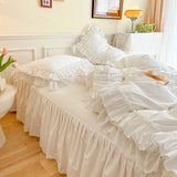 4Pcs White Korean Princess Style 100% Cotton Bedding Set Double Layer Lace Ruffles Duver Cover Bed Skirt Bedspread Pillowcases