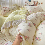 Ins Princess Romantic Duvet Cover Korean Floral Bedding Set Flat Sheet Set Skin-Friendly Washed Cotton Women Girls Bed Linen Set