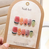 10Pcs Pink Handmade Press on Nails Full Cover Butterfly Rhinestone Design Short Ballet Sweet Flower Fruit Wearable False Nails