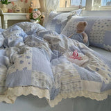 Korean Style Girly Heart Floral Double Layer Gauze Four-Piece Set Princess Style Lace Trim Quilt Cover Bed Sheet Dormitory