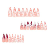 24Pc Long Stiletto Press On Nails Cherry Pink French False Nails With 3D Bow Pearls Design Detachable Acrylic Fake Nail Art Tips