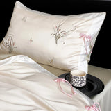 Chinese Style Orchid Embroidery Luxury Bedding Set 800TC Lyocell Silky Cooling Duvet Cover Flat/Fitted Bed Sheet Pillowcase 4Pcs