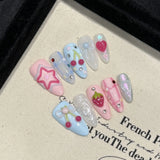 10Pcs Pink Handmade Press on Nails Full Cover Bow Tie Rhinestone Design French Almond Fake Nails Wearable Manicure Nail Tips Art