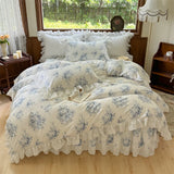 Vintage Lace Ruffles Rose Print Pure Cotton Bedding Set Duvet Cover Set 1.4M/1.5M/1.6M/1.8M/2M Bed Skirt Bedspread Pillowcases