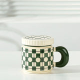 400ML Flowers Ceramic Mug with Lid Creative Checkerboard Grid Pattern Coffee Mug Home Office Breakfast Milk Cup Birthday Gift