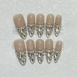 10Pcs French Press on Nails Almond Handmade Fake Nails Gradient Diamond Pearl False Nails Set Vintage Acrylic Nail Art for Girls