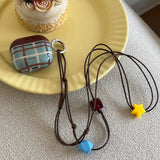 Korea Fashion Brown Plaid Splicing Pattern Retro Neck Lanyard Shockproof Protection Case For AirPods 4 3 2 1 Pro 2 Earphone Case