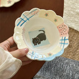 Cream Cheese Hand Drawn Patchwork Plaid Bow Cat Dessert Ceramic Bowl and Plate Gift Tableware