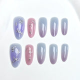 24pcs Oval Press on Nails Tips Spring Summer Aurora Rhinestone Full Cover Nail Sets Blue Cat's Eye False Nail Wearable Fake Nail