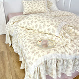 Premium 100% Gauze Cotton Farmhouse Floral Large Ruffles Bedding Set Soft Crepe Duvet Cover Bed Sheet/Fitted Sheet Pillowcases