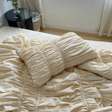 Girls Pleat Cotton Bedding Set Solid Bed Linen King Queen Double Size Duvet Cover Sets