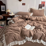 Korean Princess Style Lace Ruffles Soft Washed Cotton Skin-friendly Bedding Set Duvet Cover Bed Sheet/Fitted Sheet Pillowcases