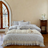 Vintage French Floral Pleated Lace Bedding Set Double Layer Crepe Yarn Pure Cotton Duvet Cover Flat/Fitted Bed Sheet Pillowcases
