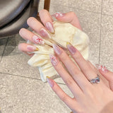 10Pcs Blush Handmade Press on Nails Full Cover Colorful Flower French Almond Cat Eye False Nails Wearable Manicure Nail Tips Art