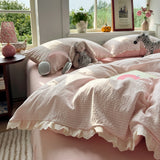 Korean Pink Bedding Set Coquette Aesthetic Duvet Cover Set Soft Pastel Muted Tone Single Size Double Bed Sheet Set For Bedroom