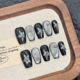 10pcs Short Coffin Fake Nails Gray Cat's Eye Handmade Press On Nails Glitter Stars Diamond Decor Ballerina Black Punk False Nail
