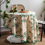 Round Tablecloth with Tassels Table Cloth Korean Cotton Linen Green Pine Table Cover Home Party Decoration Farmhouse Tabledecor