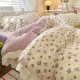 Korean Princess Style 4Pcs Floral Ruffles Bedding Set Single Queen Size Soft Skin-friendly Washed Cotton Duvet Cover Pillowcase
