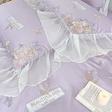 Rose Flowers Embroidery Lace Ruffles Bedding Set Lyocell Cotton Soft Silky Cooling Duvet Cover Flat/Fitted Bed Sheet Pillowcases
