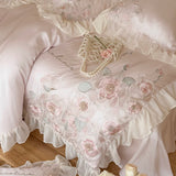 Flowers Embroidery Lace Ruffles Wedding Bedding Set Lyocell Silky Cooling Duvet Cover Set Flat/Fitted Bed Sheet Pillowcases 4Pcs