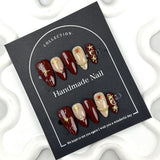 10pcs Vintage Wine Red Handmade False Nails Press On Nails Charming French Almond Fake Nails With 3D Golden Star Moon Decoration