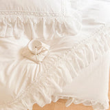 4/6Pcs White Pink 100% Cotton Princess Bedding Set Romantic Chiffon Lace Ruffles Duvet Cover Set Bed Skirt Bedspread Pillowcases