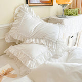 4Pcs White Korean Princess Style 100% Cotton Bedding Set Double Layer Lace Ruffles Duver Cover Bed Skirt Bedspread Pillowcases