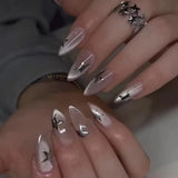 Almond Press on Fake Nails 3D Ripple Star False Nails Blue Smudge Detachable Full Cover Nails Tips 3D Shell Pearl Acrylic Nail