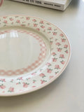 Pink Plaid Floral Ceramic Plate with Lace Edge, Perfect for Western Restaurant Desserts and Salad