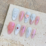 10Pcs Almond Handmade Press On Nails Bowknot Fake Nail Full Cover Metallic Glitter Spice Girl French Design Manicure False Nails