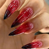 24Pcs Black Y2k Fake Nails with Diamond Halloween Long Almond False Nail Butterfly Design Wearable Oval Press on Nails Tips