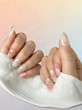 10Pcs Handmade Short Oval Press On Nails Pink White Gold Line Floral Pearl Fake Nails Glossy for Daily Valentine's Day