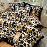 Korean Black White Hepburn Style Bedding Sets Ultra Soft Breathable Duvet Cover Set with Black Lace Fitted Sheet Set for Adults