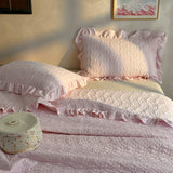 Princess Style Pink Quilted Ruffles Quilt Blanket Bedspread Washed Solid Color Korean Princess Style Summer Thin Quilt 3Pc