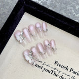 10Pcs Pink Handmade Press on Nails Butterfly Rhinestone Design Full Cover False Nails Cat Eye French Ballerina Wearable Manicure